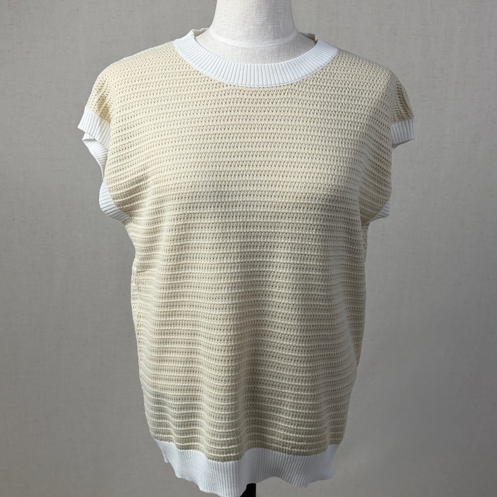 zeagoo Cream Knit Cap-Sleeve Tank Top with White Trim
